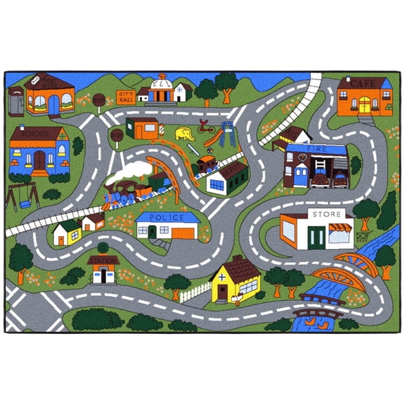 Ottomanson Children Car Road Map 3x5 Non-Slip Area Rug for Kids Playroom, 3'3" x 4'7", Multicolor