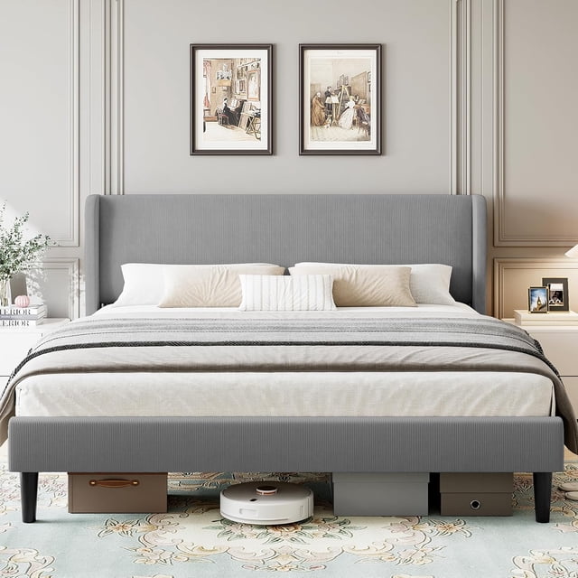 Upholstered King Bed Frame with Wingback Headboard, Velvet Upholstery Platform Bed, No Box Spring Needed, Wood Slats Support, Easy Assembly, Light Gray