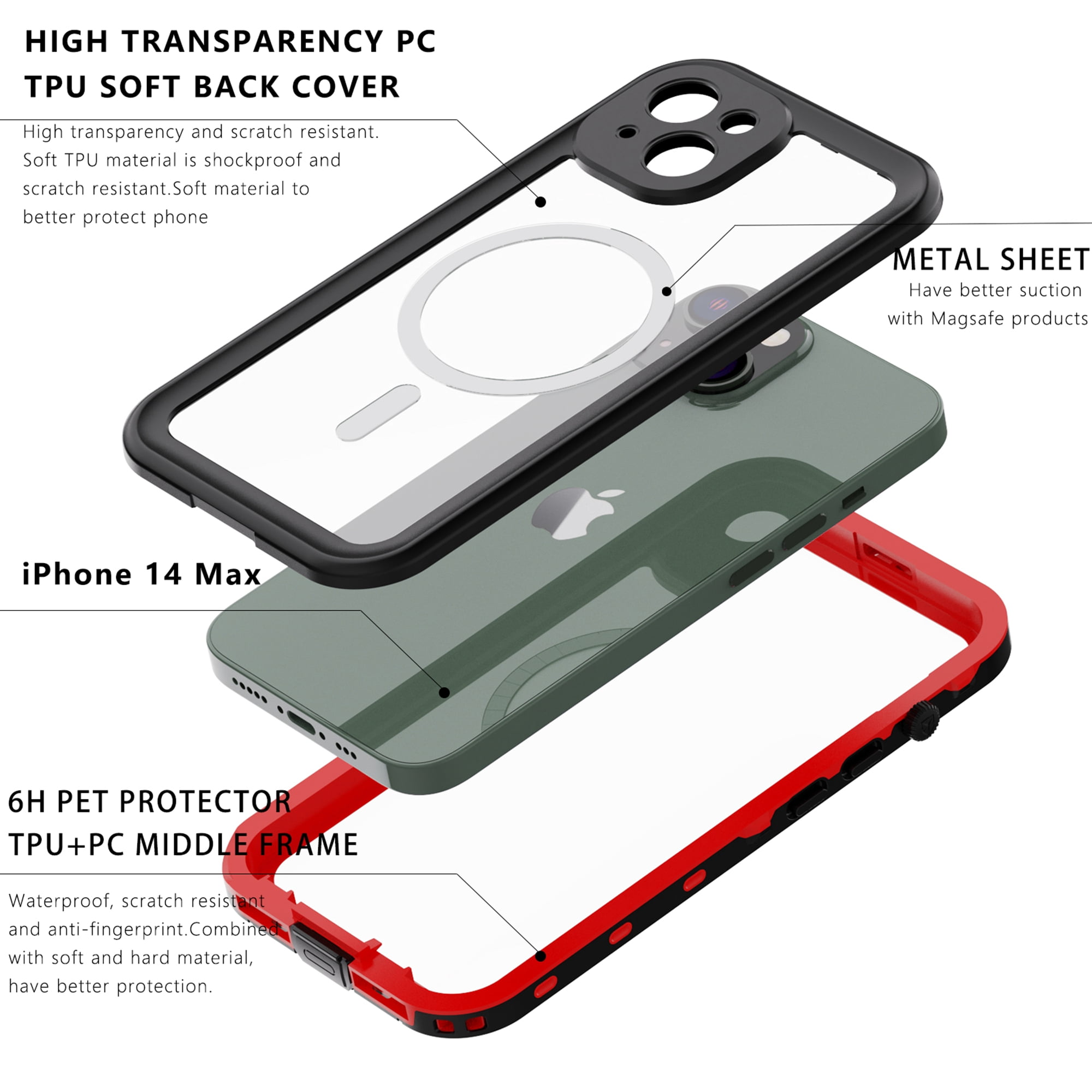 iPhone 14 Waterproof Case, Dteck Full Body Heavy Duty Protection Full Sealed Cover Shockproof Dustproof Built-in Clear Screen Protector Rugged Case for Apple iPhone 14 6.1 inch 2022,Red