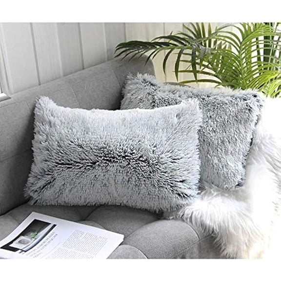 Eryueer 2 Packs Fluffy Plush Pillow Cover 12"x20", Luxury Gray Soft Fuzzy Faux Fur Throw Pillow Cover Cushion Case for Sofa Bed, Fall Winter Home Decorative Gray Ombre 30x50 cm Two Sides Fur