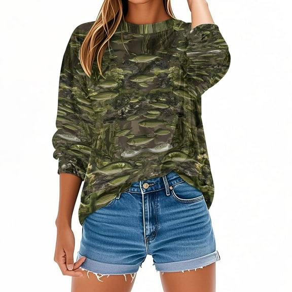 Makaor Women's Sweatshirts Long Sleeve Plus Size Crew Neck Tops Camouflage Pullover Tees Oversized Casual Fall Winter Clothes