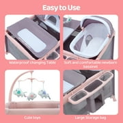 Pamo Babe 4-in-1 Baby Playard with Bassinet & Changing Table for Newborn,4-Panels Playpen