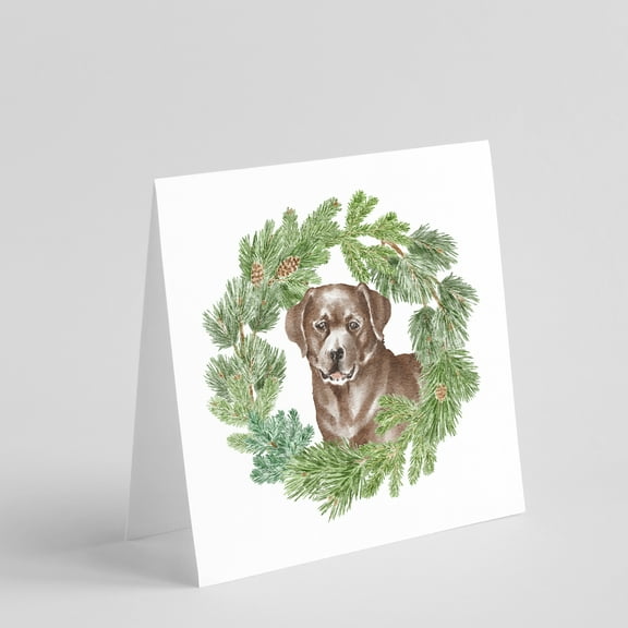 Labrador Retriever Chocolate with Christmas Wreath Square Greeting Cards and Envelopes Pack of 8 5 in x 5 in