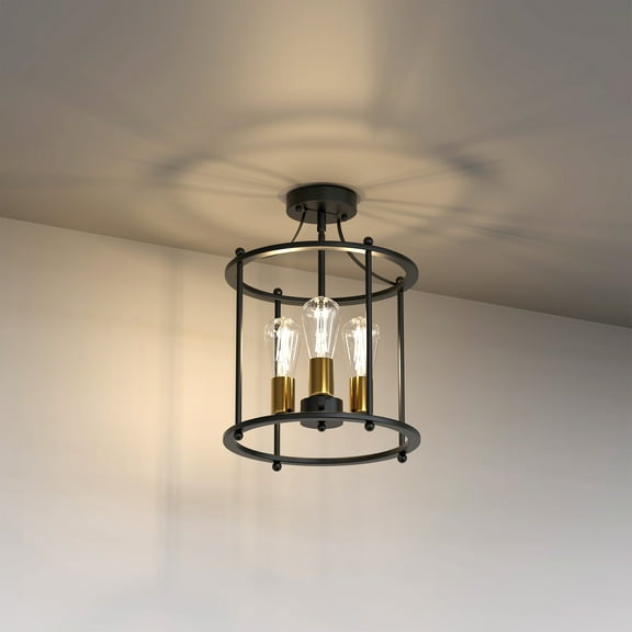 YANSUN Semi Flush Mount Ceiling Light Fixture 3-Light Matte Black Ceiling Light E26 Edison Farmhouse Industrial Small Chandelier for Entryway Hallway Bedroom Kitchen Foyer Passway Balcony