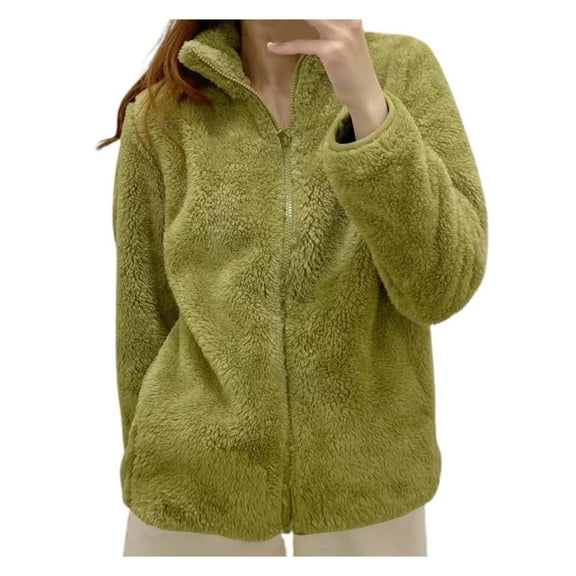Homenesgenics Winter Jackets Plus Size ! Women's Fall and Fleece Coat Plush Jackets Solid Color Zipper Up Stand Collar with Pockets Hoodless Sweatshirt Green XXXL