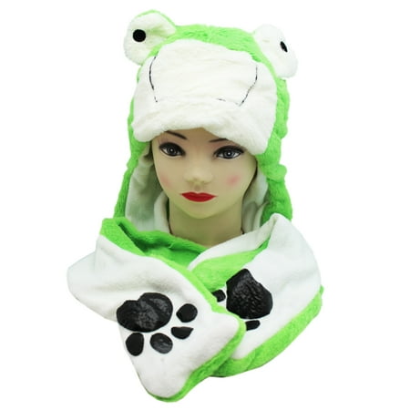 Green and White Furry Animal Plush Hat and Attached Hand Covers