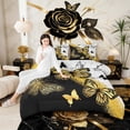 thumbnail image 4 of Manfei Gold Black Butterfly Bedding Sets Full with Comforter, Aesthetic Marble Duvet Insert, Wild Animal Comforter Sets Full Size, Microfiber Room Decor, 3pcs Reversible, 4 of 7
