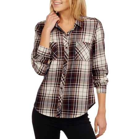 Faded Glory - Women's Long Sleeve Classic Button Front Plaid Shirt with ...
