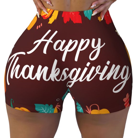 Seamless Workout Shorts Women - Happy Thanksgiving Biker Gym Running Yoga Spandex Shorts for Women