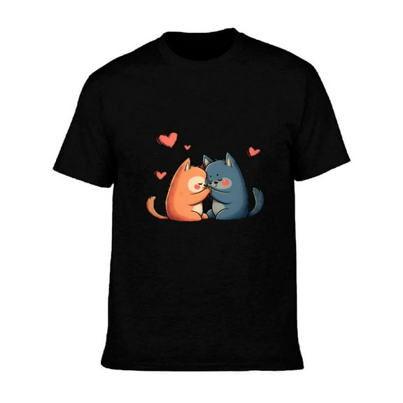 Men's Cotton Short Sleeve T-Shirt - Cute Cartoon Cats Cuddling Design with Hearts - Fun and Colorful Tee for Cat Lovers