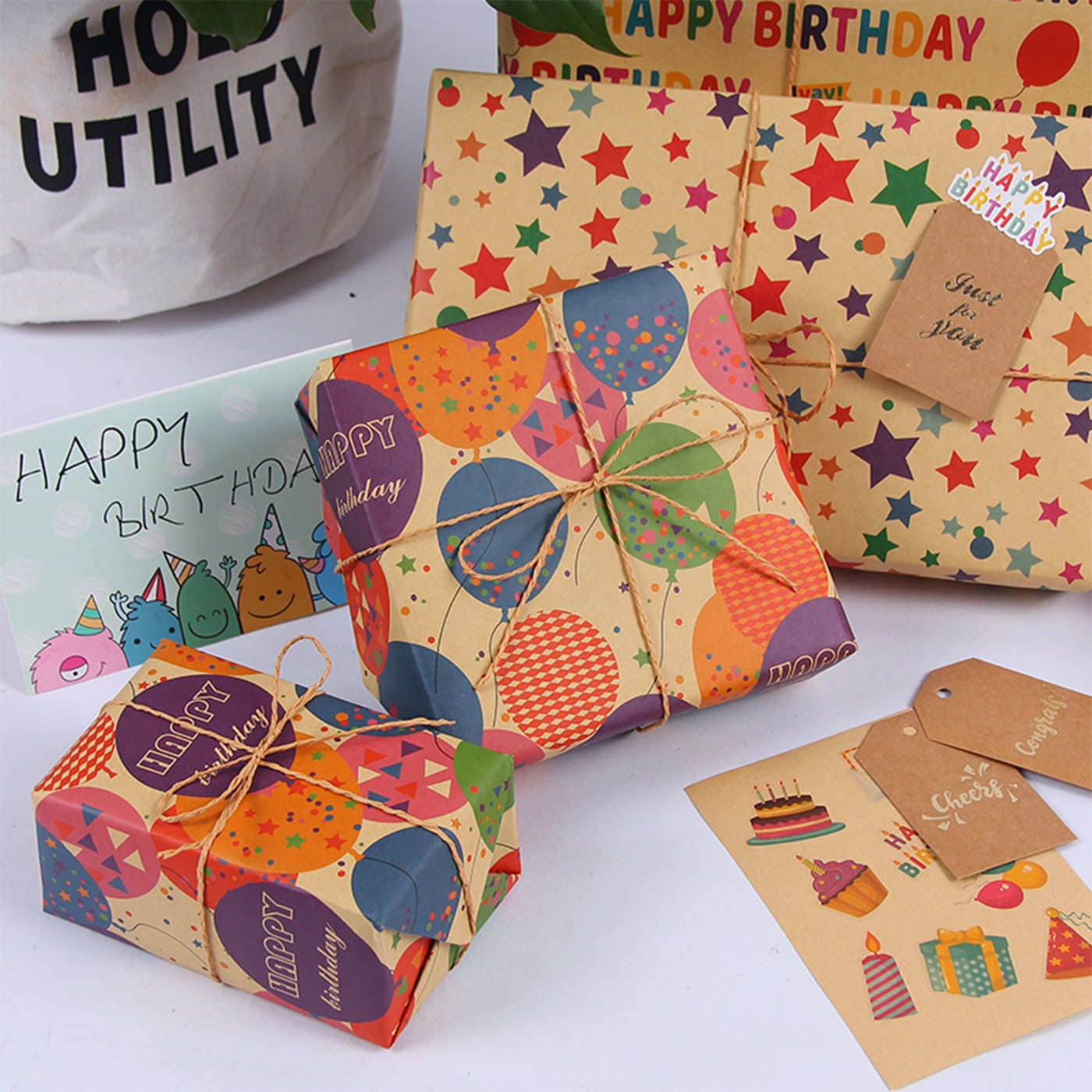 Kraft Birthday Wrapping Paper, Vintage Style Perfect for Men Women Kids Brown Kraft Wrap Paper with Colorful Balloons Stars Happy Birthday for Party - 3 Rolls, 17 inch X 120 inch Each