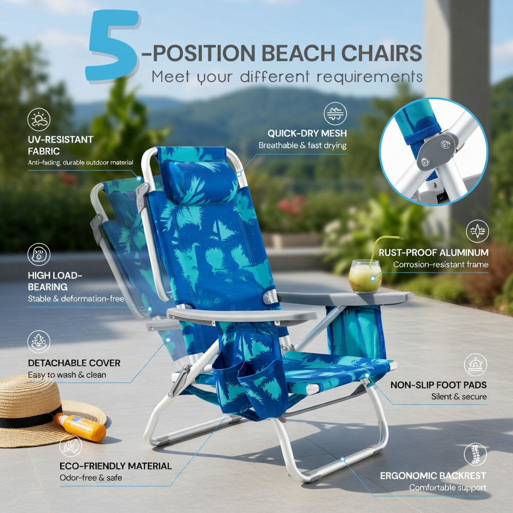 Hommoo 2-Pack Adjustable 5-Position Folding Beach Chairs with Portable Side Table, Aluminum Frame, Perfect for Camping, Fishing & Outdoor Relaxation, Navy