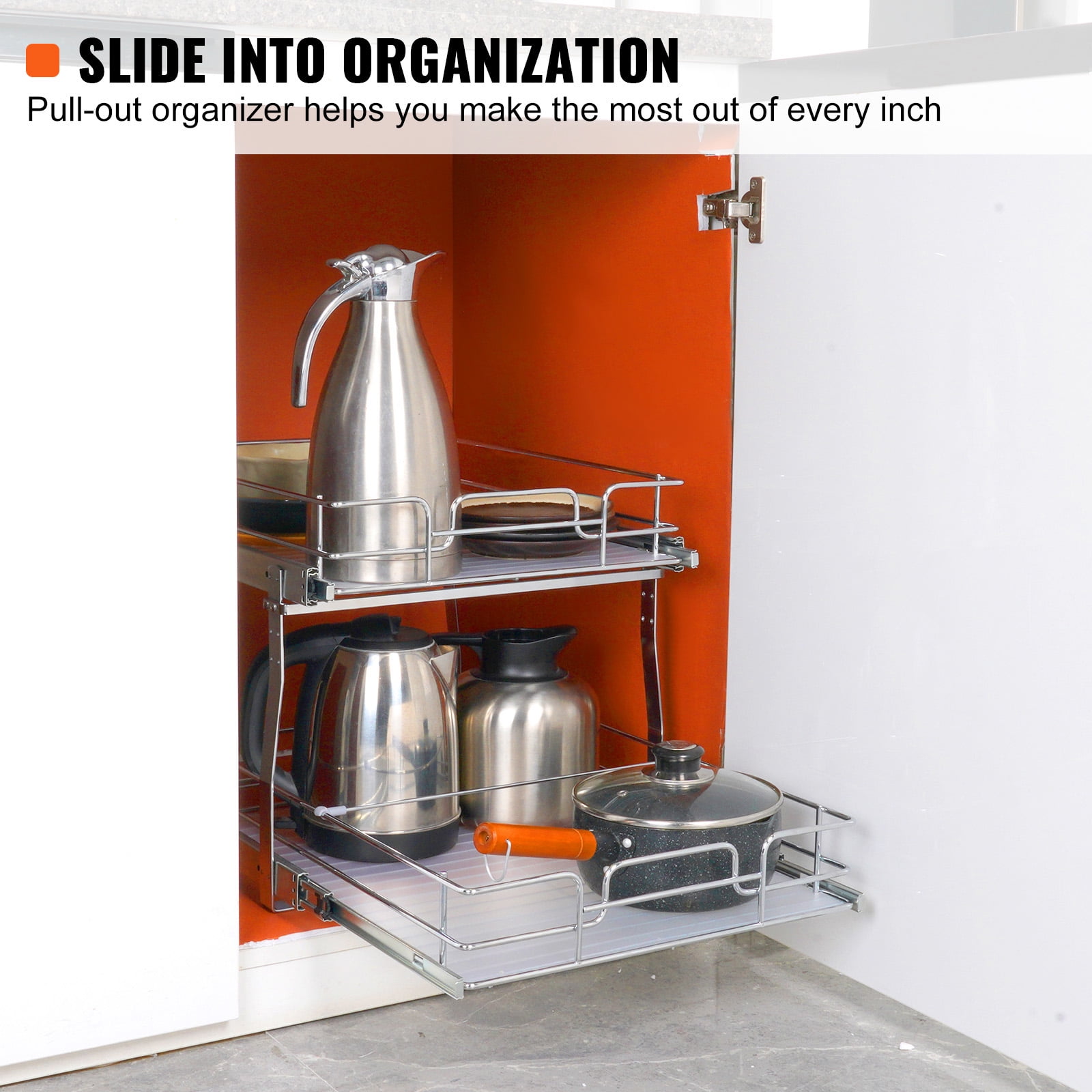 KFFKFF16"W x 21"D Pull Out Cabinet Organizer, 2 Layer Slide Out Drawers with Chrome Finish, Cabinet Organization for Kitchen Cabinet, Bathroom, Beneath Sink