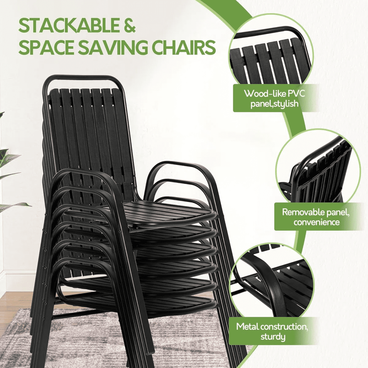 Seizeen Outdoor Dining Set for 6, Plastic Wood Patio Furniture Set with Steel Frame, Space-saving Dining Table and Chairs Stockable Design, All-weather Porch Garden Yard Conversation Furniture, Black