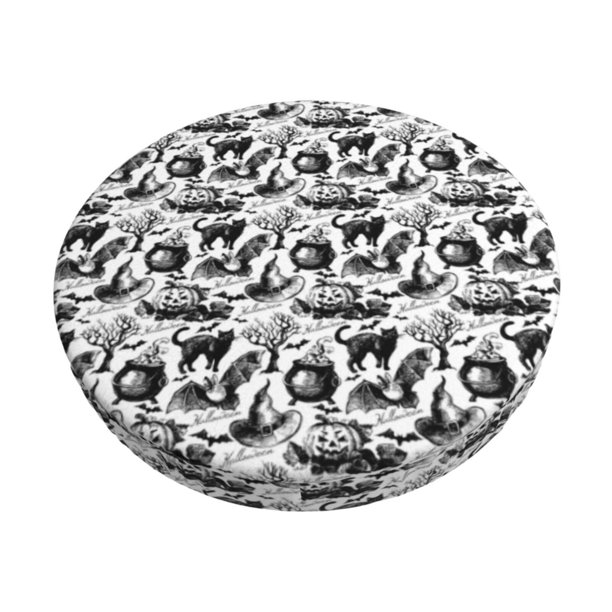 Disketp Black White Halloween Funda Redonda para Taburete, Funda de Cojín para Silla de Bar Suave y Elástica-14 inch