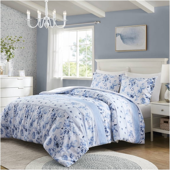 JERFIT Blue Floral Striped Duvet Cover Set Queen Size, 3-Piece Microfiber Bedding Set with Button Closure