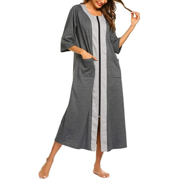 Housecoat Women's Short Sleeve Zipper Robe Long Nightgown Lougewear with Pockets S-XXL