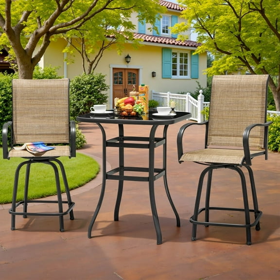 Devoko 3 Pcs Outdoor Swivel Metal Bar Stools, Patio Height Textilene Chairs with Table,Beige