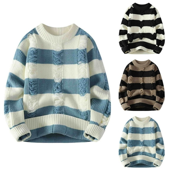 ZRGHAOYLQ Cable Knit Sweaters for Men Big and Tall Ripped Distressed Pullover Trendy Striped Knitted Sweater Loose Crewneck Long Sleeve Jumper Tops