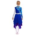 thumbnail image 3 of inlzdz Kids Girls Lyrical Praise Dance Dress Color Block Printed Worship Robe Metallic Irregular Blue 10, 3 of 7