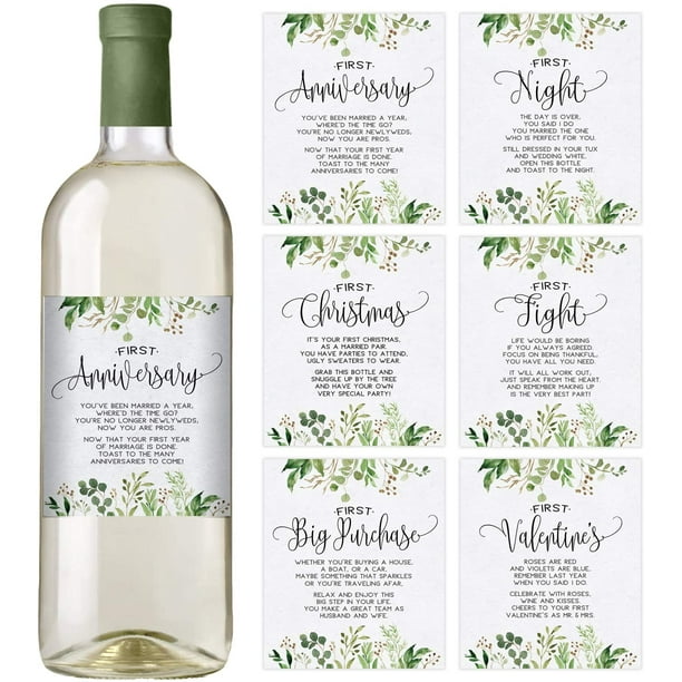 Greenery Wedding First Wine Bottle Labels, Set of 6 Waterproof Wine Bottle Labels, Wedding Gift, Marriage Milestones, Wedding Firsts