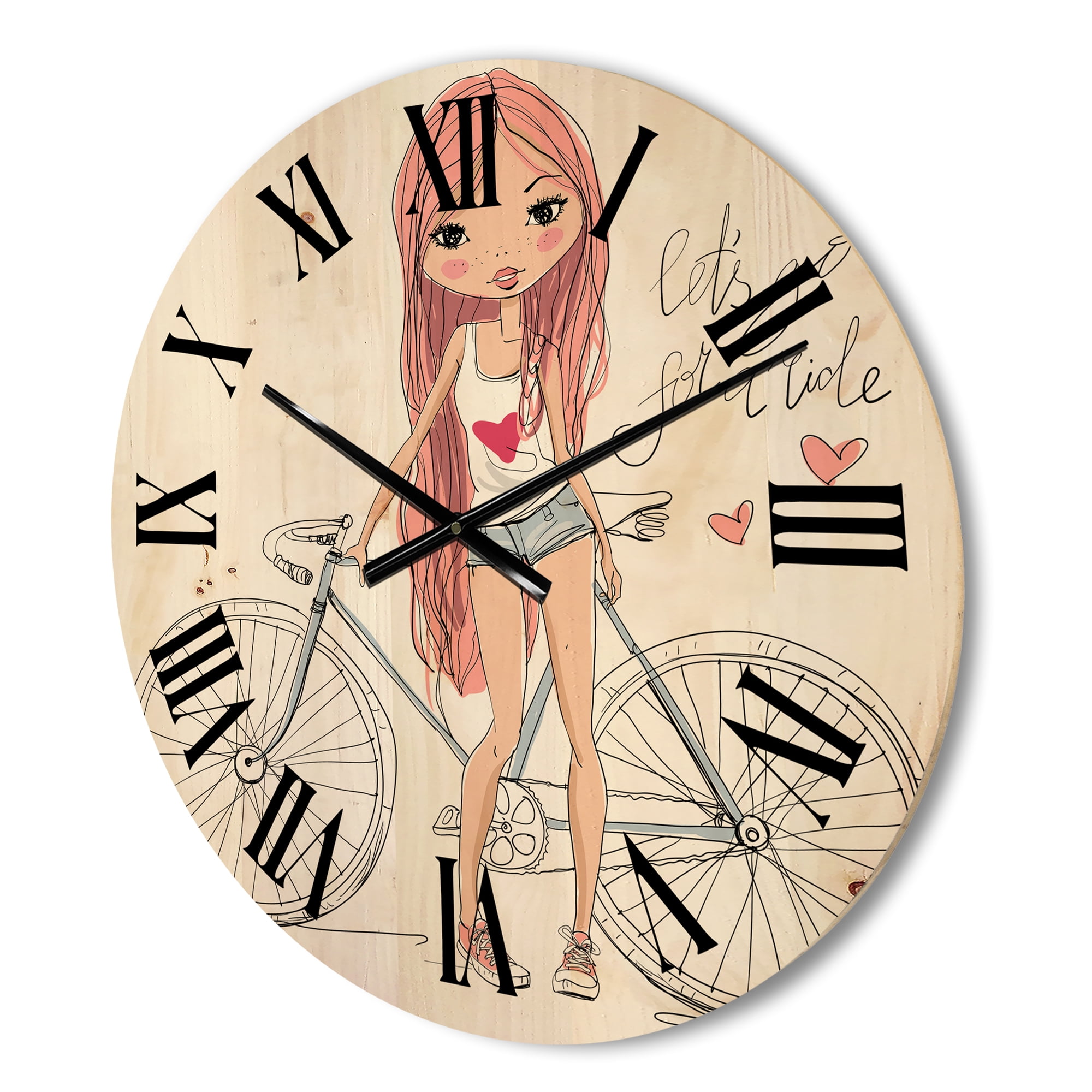 Designart 'Young Woman With Bicycle' Children's Art Wood Wall Clock