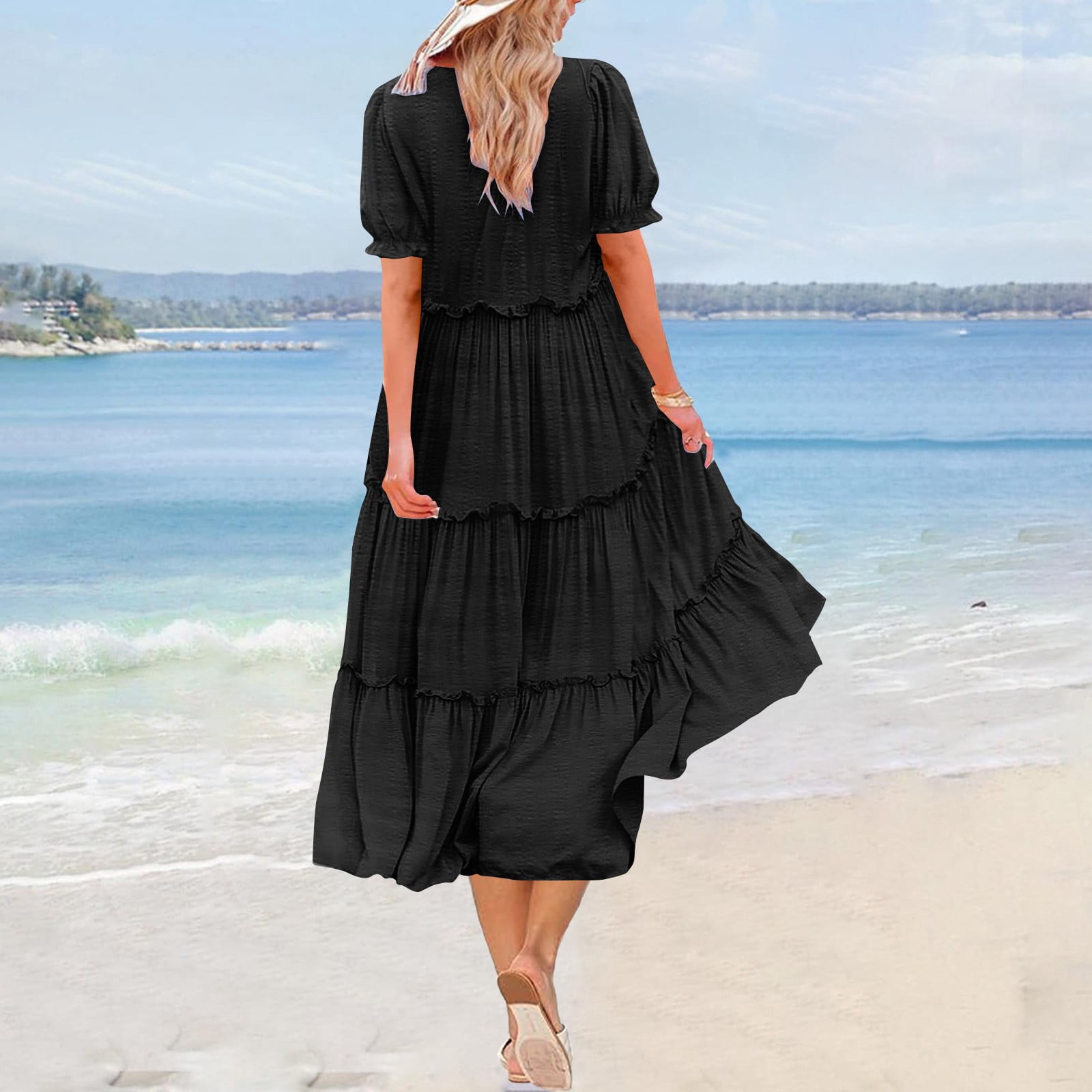 Hvot&aat Women Summer Casual Bohemian Floral Dresses Puff Short Sleeve Tiered Ruffle Flowy Swing Dress