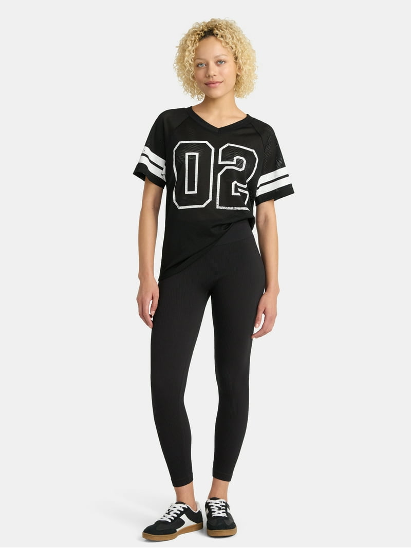 No Boundaries Women's Graphic Mesh Football Tee, V-Neck, Short