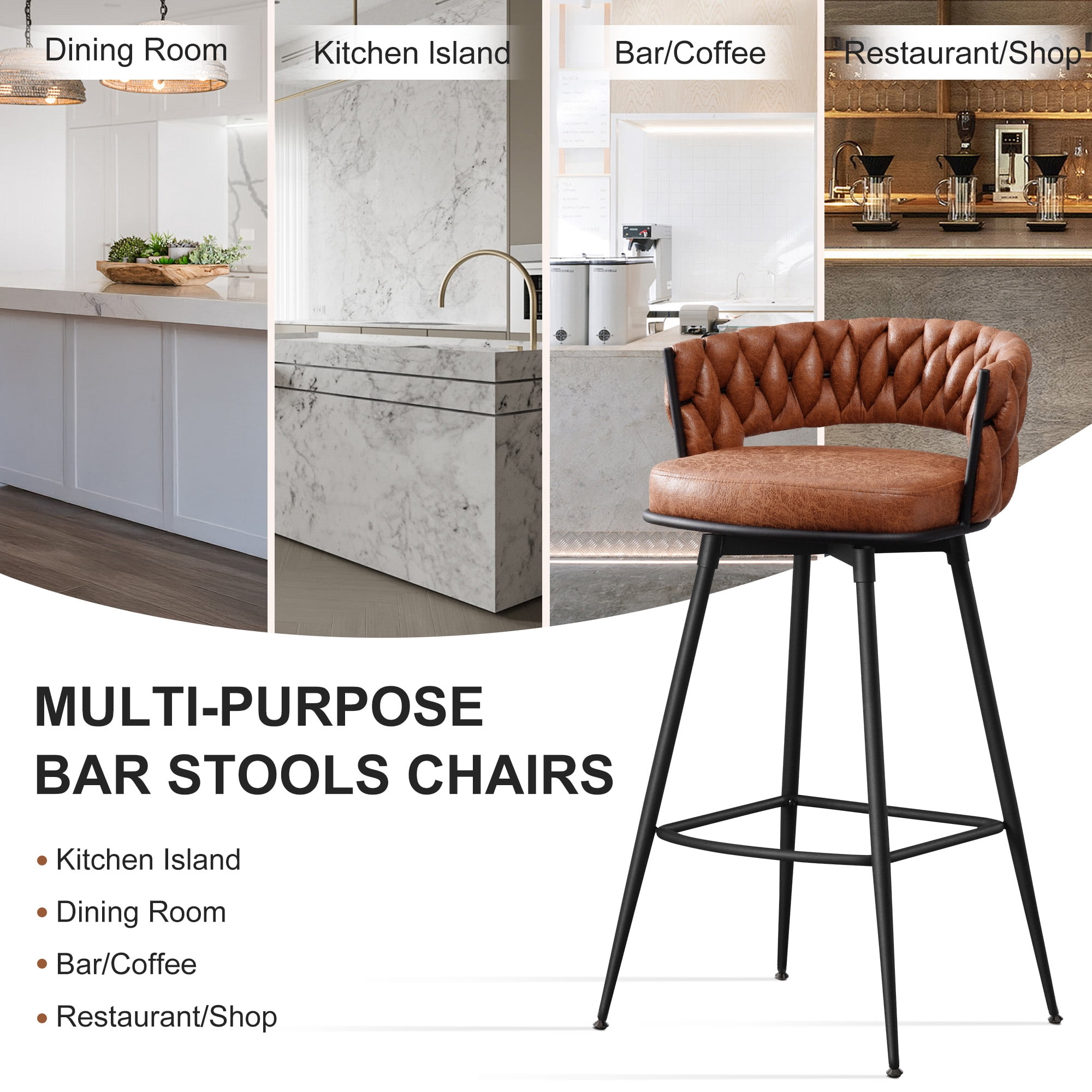 MYFUNT Bar Stools Set of 4, 30" Counter Height Stools, 180° Swivel Woven Back Barstools with Metal Footrest, Modern Bar Stools for Kitchen Island, Cafe, Pub, Whiskeybrown