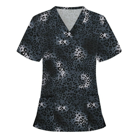 

UMfun Women Nurse Tops Short Sleeve V-neck Printed Casual Scrubs Tops Working Uniform Blouse