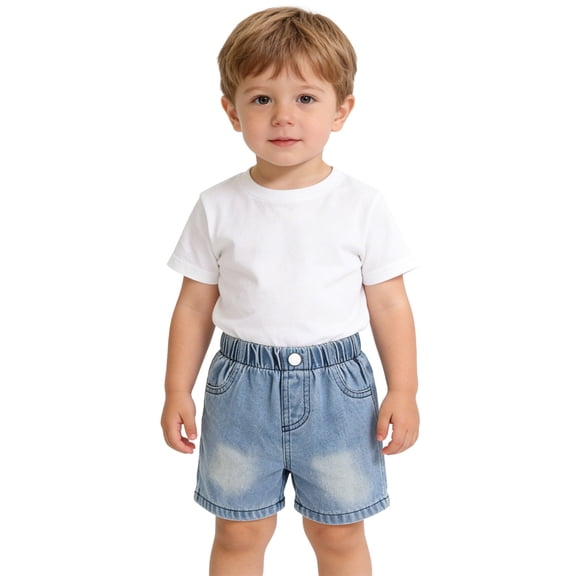Ticikt Boys Ripped Raw Hem Denim Shorts Elastic Waist Straight Leg Jean Shorts Casual Summer Skort,Color:Blue,Size:12-18 Months