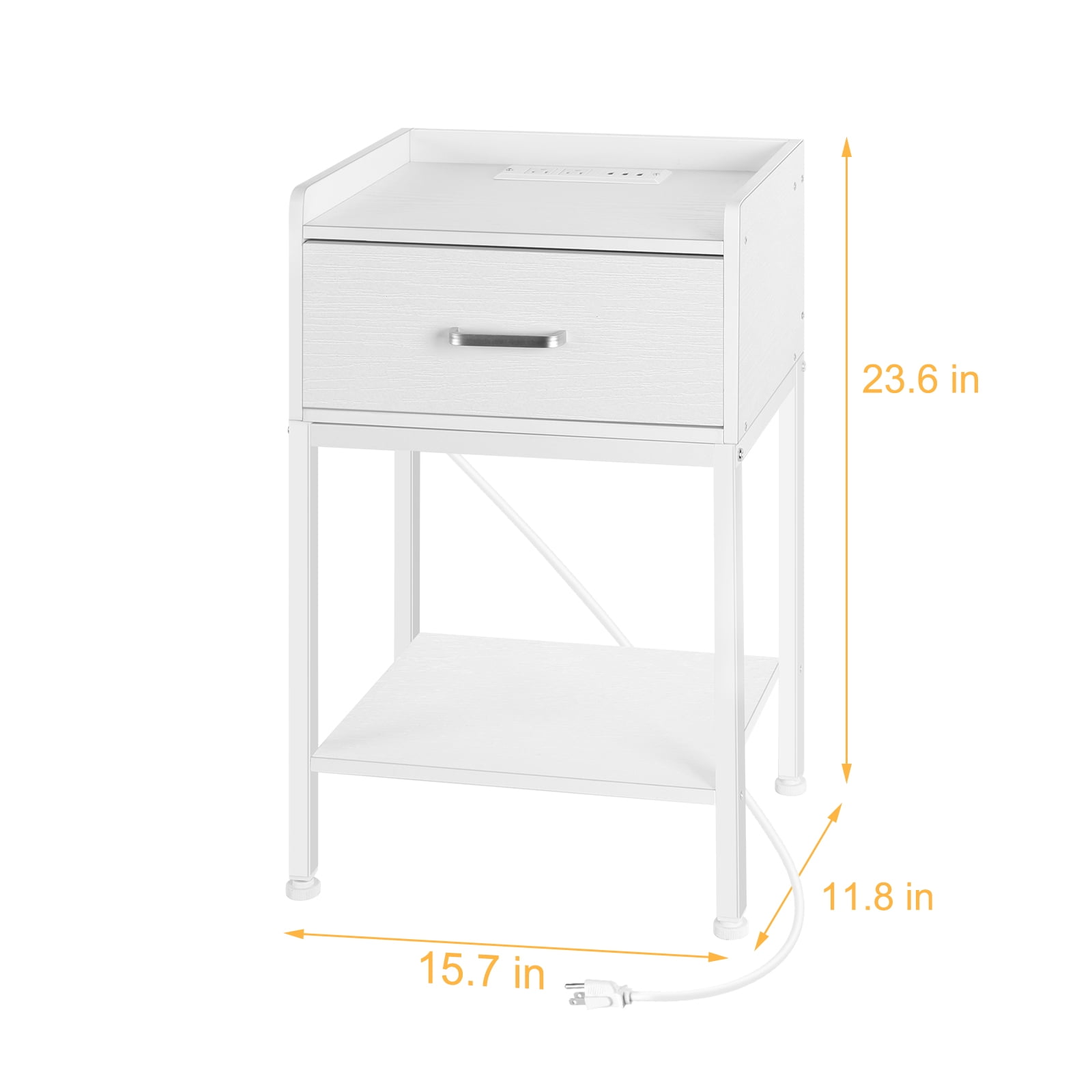 WHITE Bedside Table with Charging Station 2 Tier Side Table With Drawers and Storage Shelves Small Bedside Table Suitable for bedrooms, living rooms
