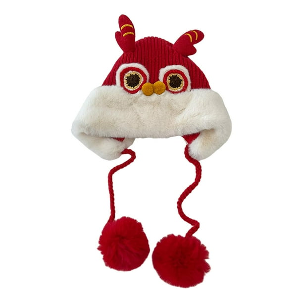 Sombrero de danza del león chino con dibujos animados para esquiar, accesorio para la cabeza para niños, niñas y niños. rojo