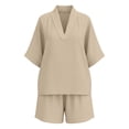 thumbnail image 4 of Cagogo Women Plus Size 2 Piece Set V Neck 3/4 Sleeve Shirt Shorts Casual Solid Loose Travel Outfits Lounge Tracksuits Summer Cruise Clothes Matching Lounge Sets, Beige L, 4 of 7