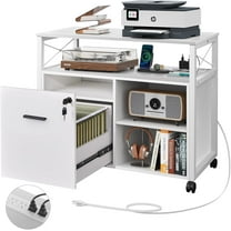 Wubio Lateral File Cabinet, Locking Wood Filing Cabinet Rolling Printer Stand with Open Storage Shelf for Home Office, White