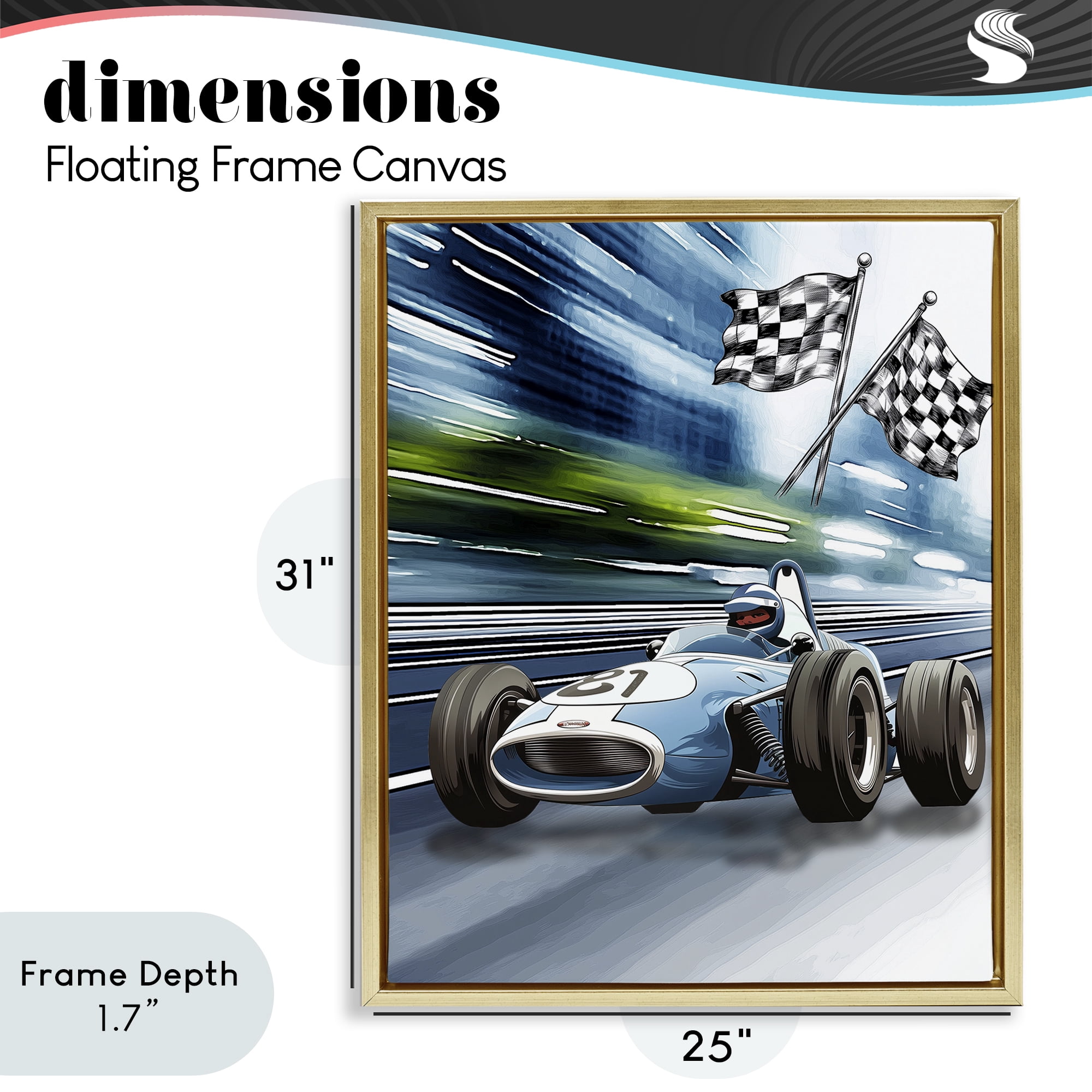 Stupell Industries Speedy Racecar with Flags Gold Framed Floater Canvas Wall Art, design by Christine Simpson Art