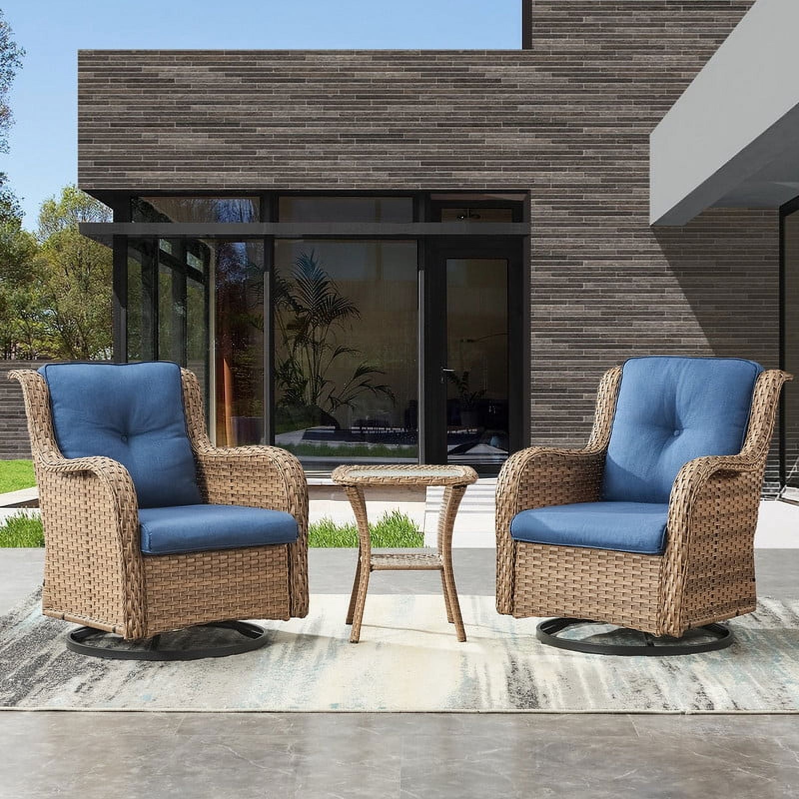 PARKWELL 3-Piece Outdoor Swivel Gliders with Side Table,Rattan Wicker Bistro Furniture Set,Yellow Wicker and Blue Cushion