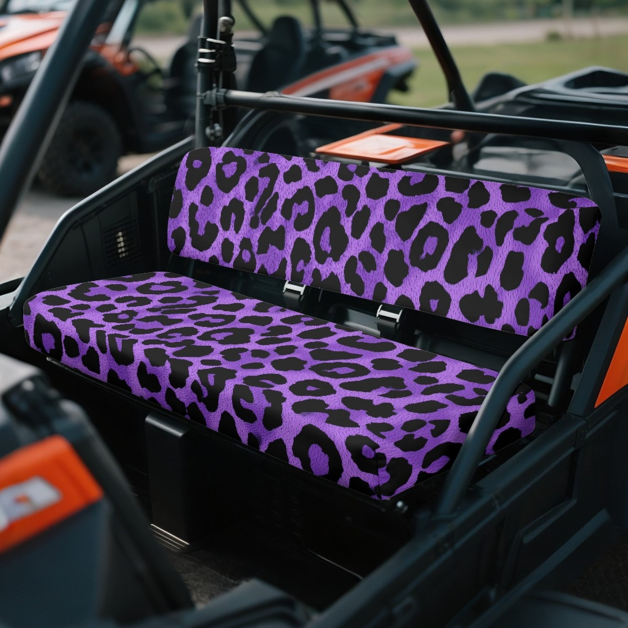 ZIATUBLES Deep Violet Leopard Print UTV Seat Covers 2 Pack, Waterproof Polyester Replacement Front Bench Seats Covers, Wear-Resistant UTV Outdoor Accessory Part for Kawasaki Mule