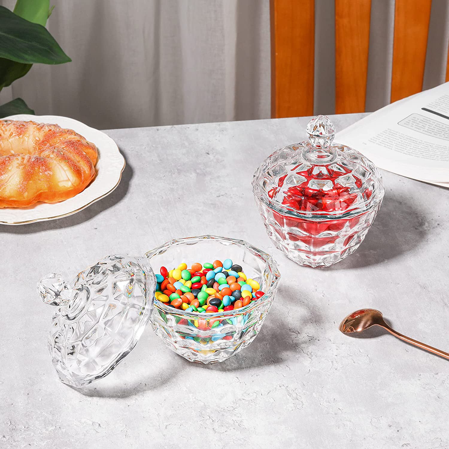 ComSaf Glass Candy Dish with Lid Small Candy Bowl Crystal Covered Storage Jar for Home Kitchen Office 