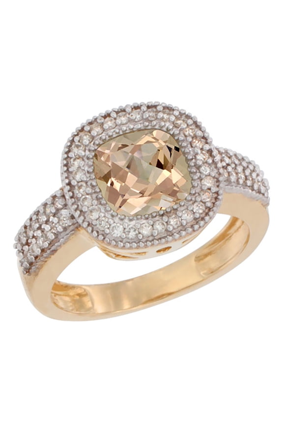 14K Yellow Gold Natural Morganite Ring Cushion-cut 7x7mm Diamond Accent, size 5