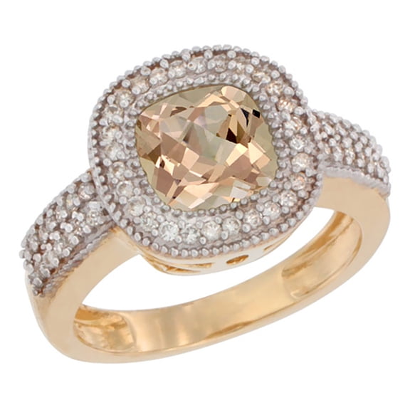 14K Yellow Gold Natural Morganite Ring Cushion-cut 7x7mm Diamond Accent, size 5.5