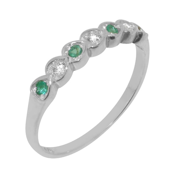 LBG British Made 14k White Gold Natural Diamond & Emerald Womens Eternity Ring - 33 size options - Size 10