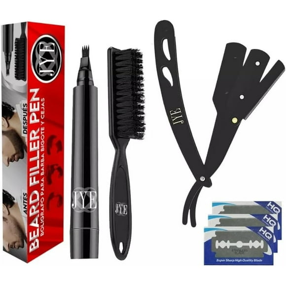 JYE Pluma para rellenar barba + Porta Navaja Barber. Bolígrafo tinta negra a prueba de agua y de larga duración, incluye cepillo. Fácil de aplicar. Kit que incluye Porta Navaja para acabado perfecto