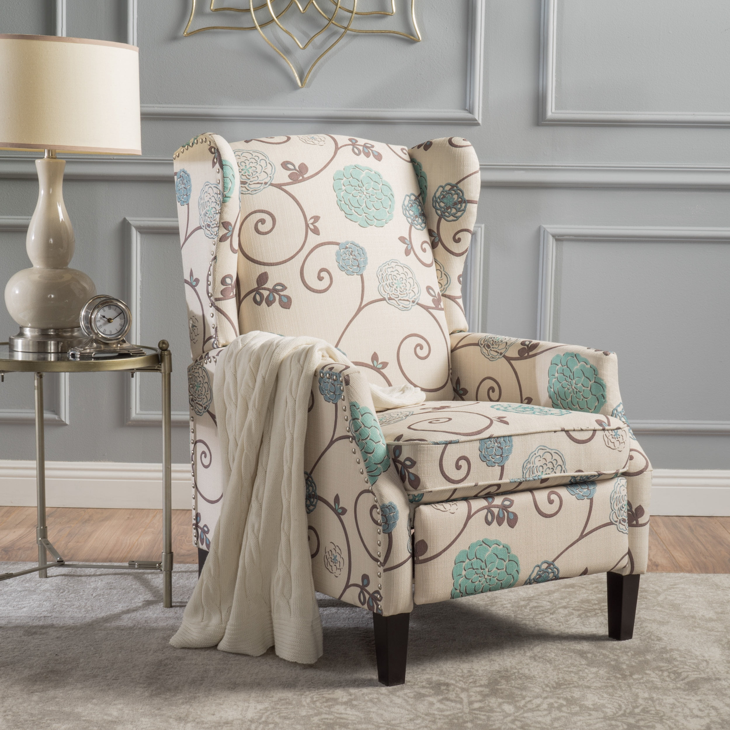 Euroco Traditional Wingback Recliner Chair with Studded Trim,100% Polyester Upholstery