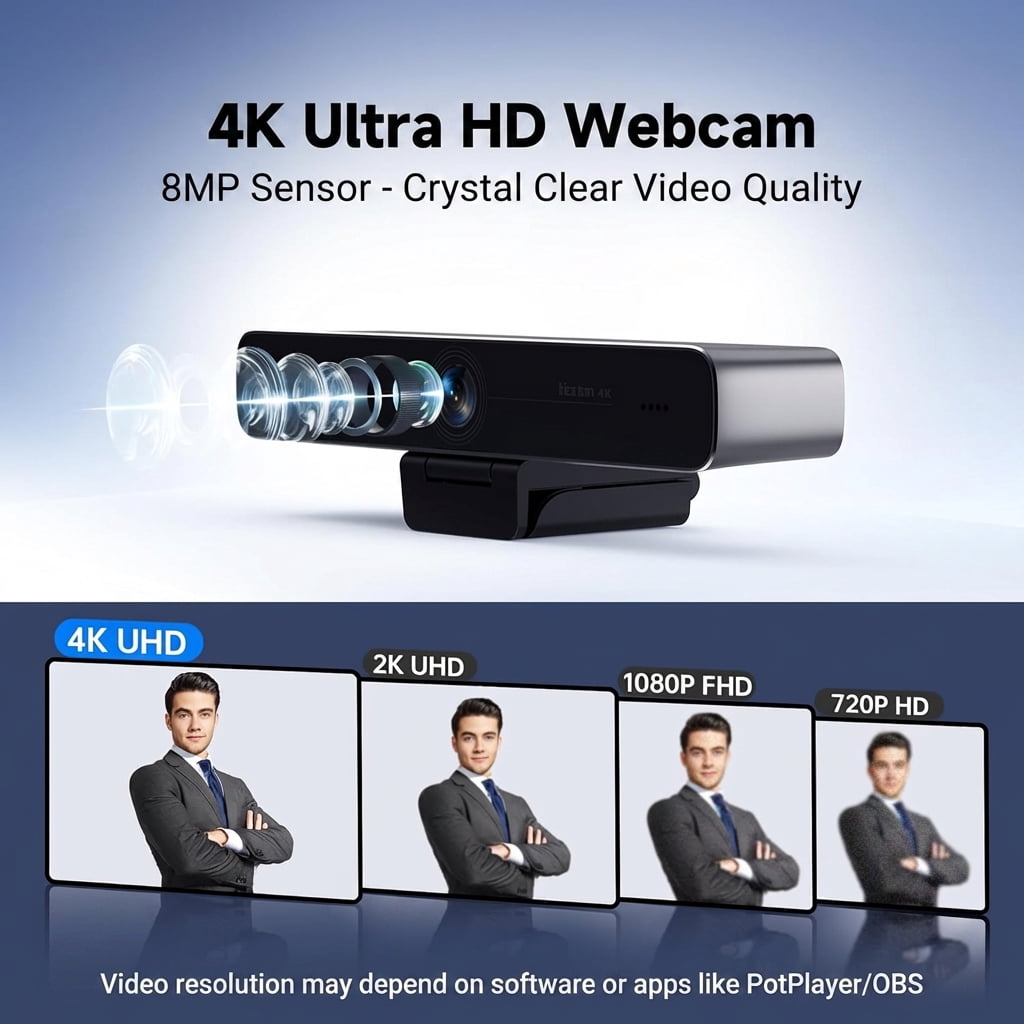 Horion 4K Ultra HD Webcam with Auto Framing, AI Noise Canceling Dual Mics, 100° Wide Angle USB Computer Camera for Video Conferencing and Live Streaming