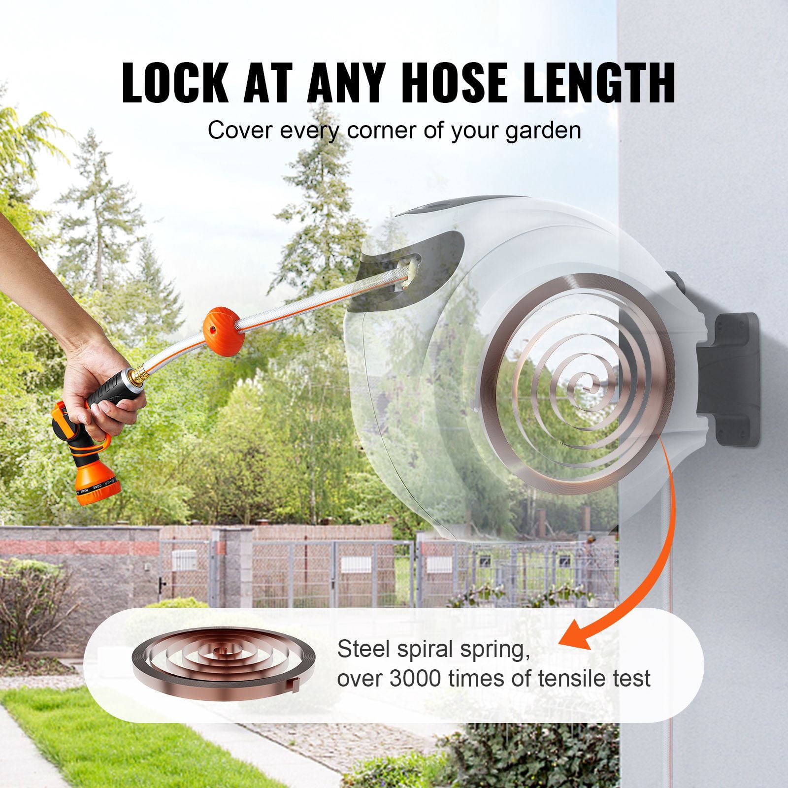 Retractable Hose Reel 65 ft x 5/8", Wall Mounted with 180° Swivel, 9-Pattern Nozzle, Auto Rewind