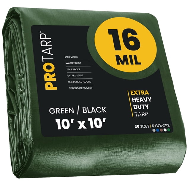 PROTARP Cubierta de lona extra resistente de 16 mil, impermeable, resistente a los rayos UV, lona de polietileno a prueba de desgarros y desgarros con bordes reforzados para techo, camping, patio, pis