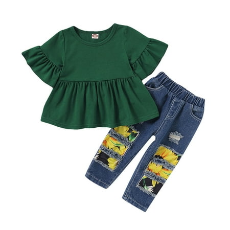 

Baby Girls Outfits Solid Color Pagoda Sleeve Top+Sunflower Print Ripped Jeans+Headband 3PCS Clothes Set 9-12 Months Green