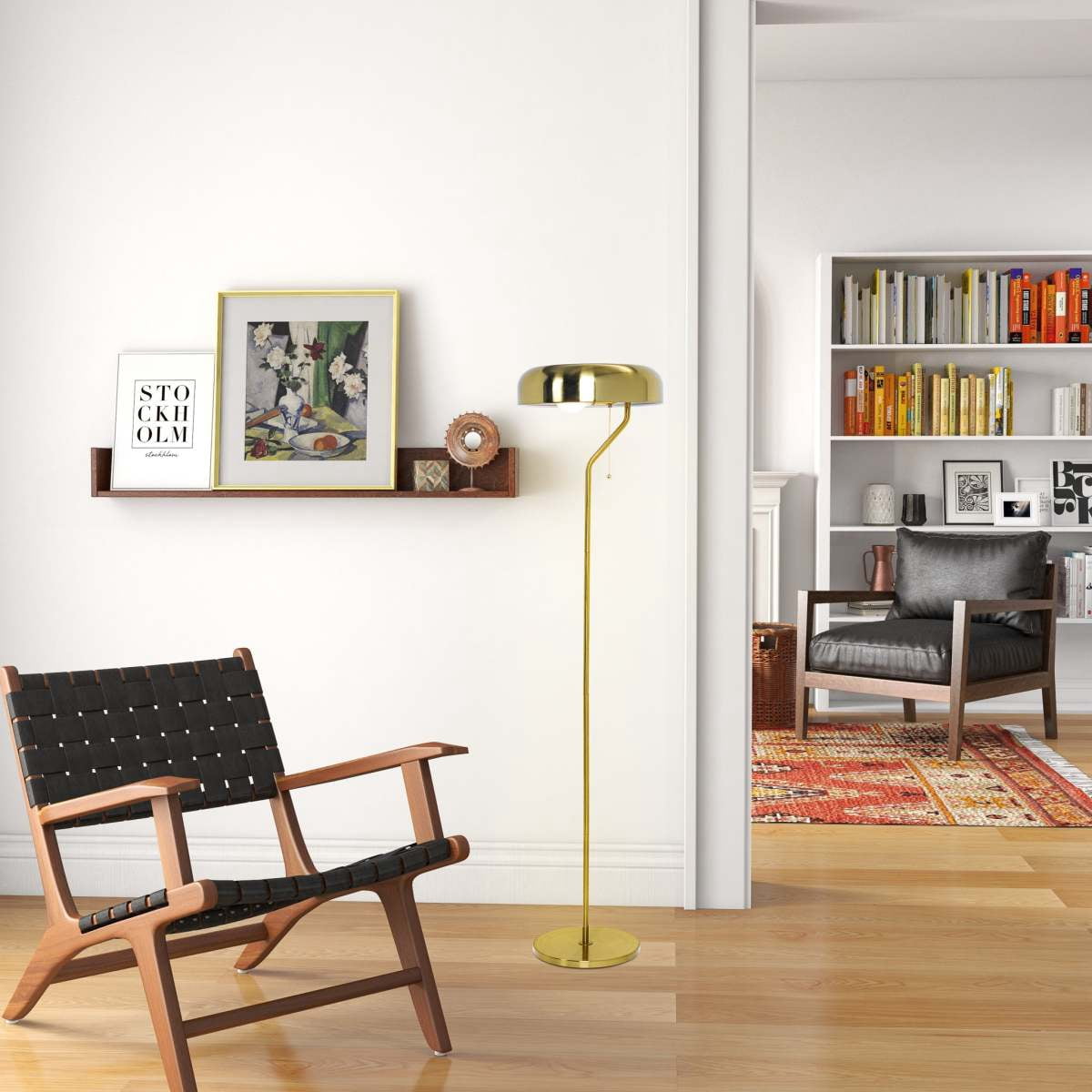 Tall Corner Floor Lamp – Gold Outer & White Inner Shade Pull Chain Switch for Living Room Bedroom & Office (110~120V)