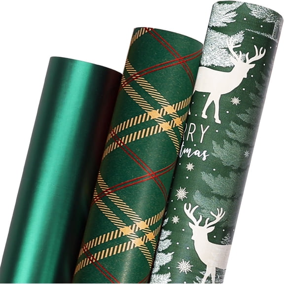 RICHTOP Christmas Wrapping Paper Roll - Vintage Green Kraft Christmas Paper for Holiday New Year Party, 3 Rolls , 17 x 120 Inch